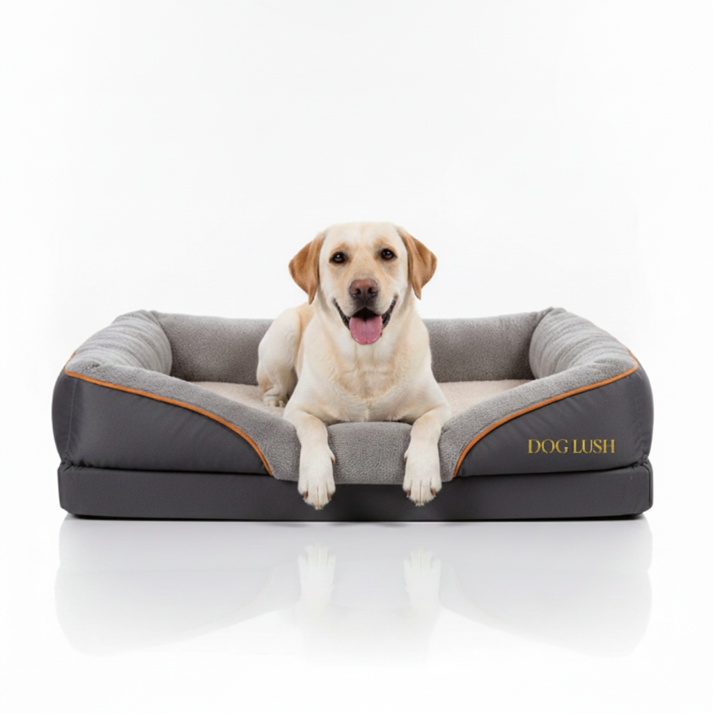 Dog lying on a gray and orange pet bed with 'Dog Lush' branding on a white background