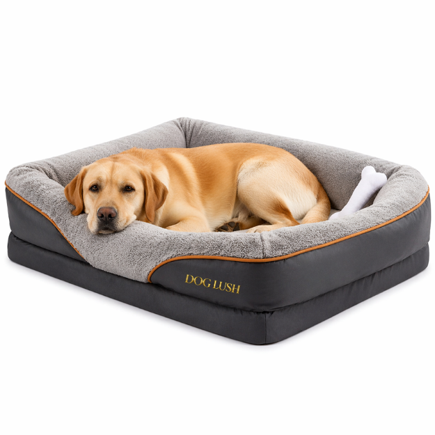 Dog lying on a gray and black pet bed with 'Dog Lush' branding.