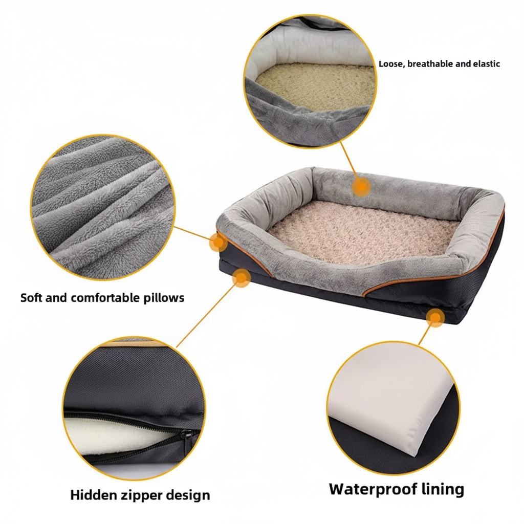 Pet bed with features highlighted, including soft pillows, waterproof lining, and hidden zipper.