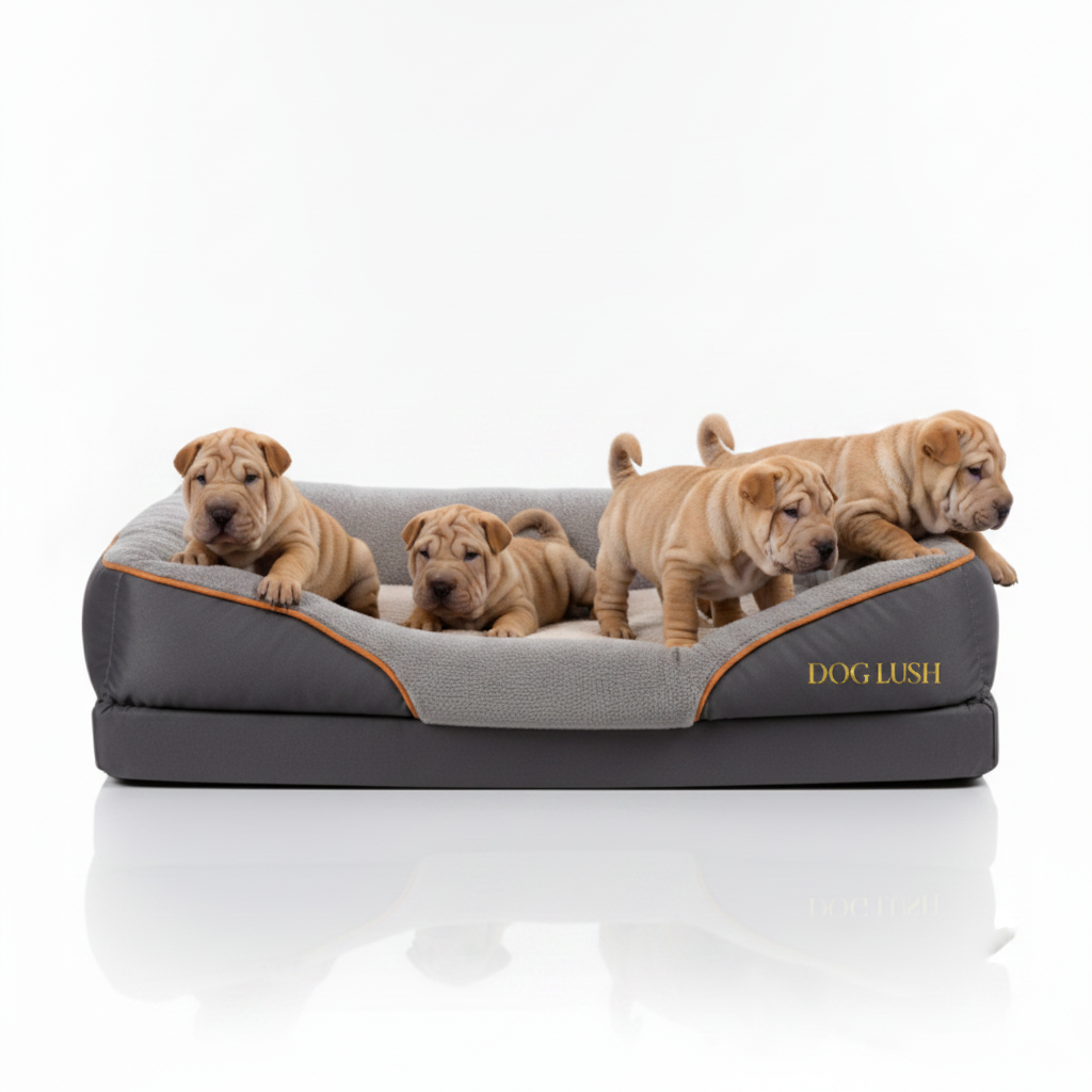 Dogs lying on a gray and orange pet bed with 'Dog Lush' branding on a white background