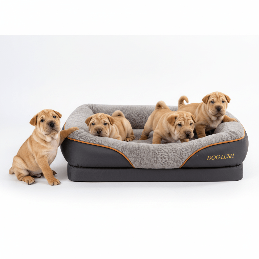 Dogs lying on a gray and black pet bed with 'Dog Lush' branding.