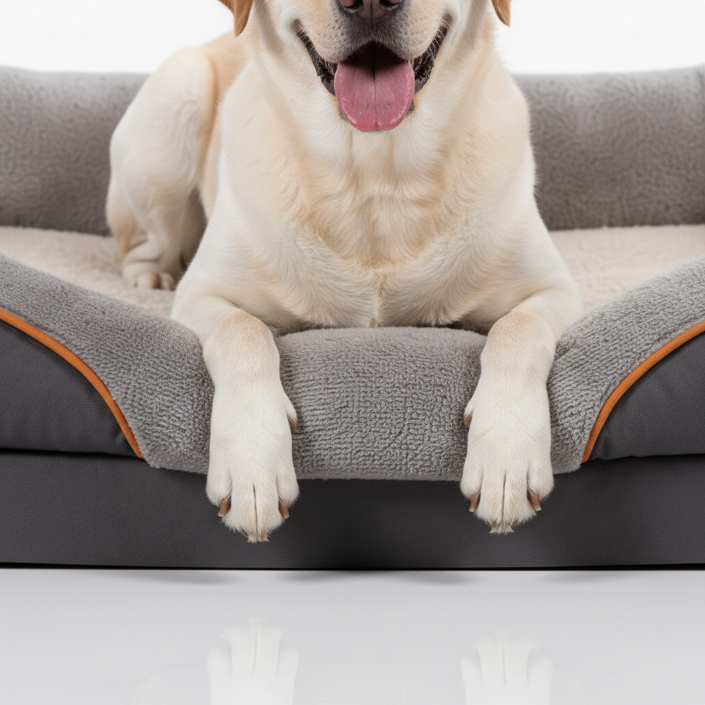 Dog lying on a gray and orange pet bed with 'Dog Lush' branding on a white background
