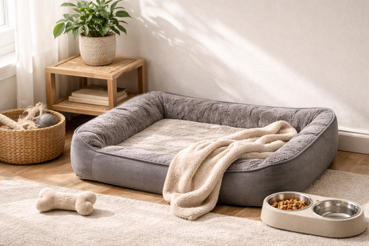 Cosy dog corner at home with a soft dog bed, blanket, toy, and feeding station