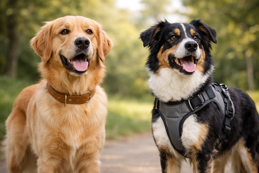 Two dogs standing outdoors, one wearing a collar and the other wearing a harness