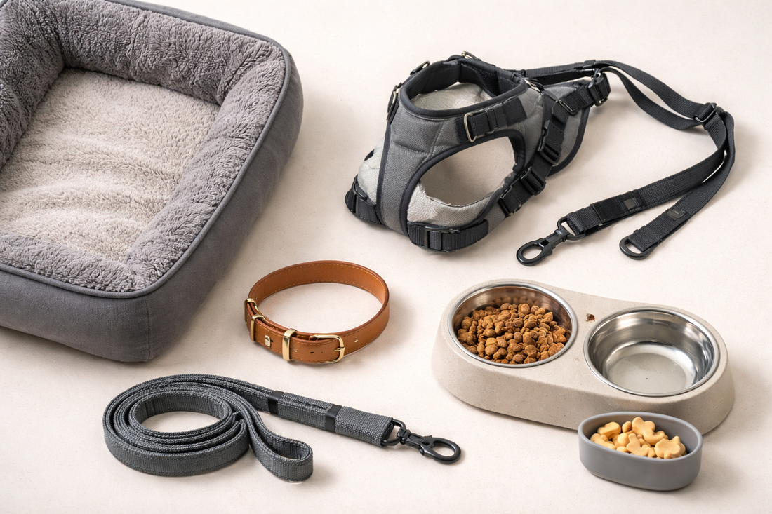 Flat lay of essential dog accessories including a bed, harness, lead, collar, and feeding bowls