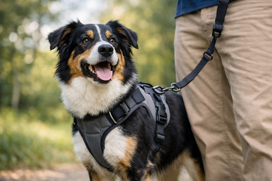 Happy dog wearing a modern harness outdoors beside its owner in soft natural daylight