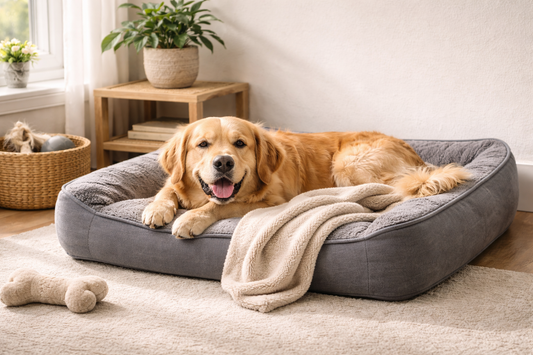 Relaxed dog resting on a modern dog bed in a bright and cosy home interior