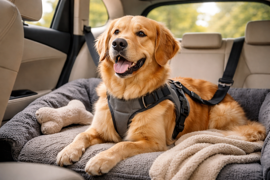 Relaxed dog travelling comfortably in a car with a harness and cosy bedding