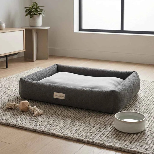Dog Bed Cooling Mat with Memory Foam Dog Bed on a beige background