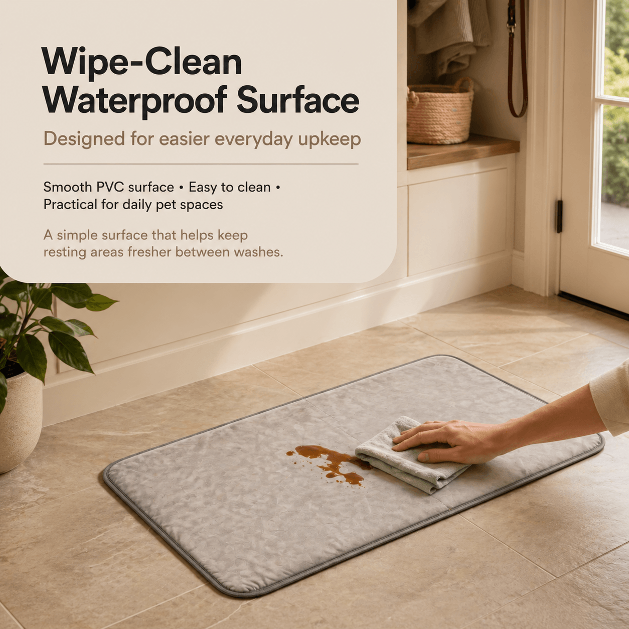 Gray Cooling Gel Mat for Dogs with a spill on a tiled floor, with text about its waterproof and easy-to-clean properties.