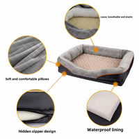 Pet bed with features highlighted, including soft pillows, waterproof lining, and hidden zipper.