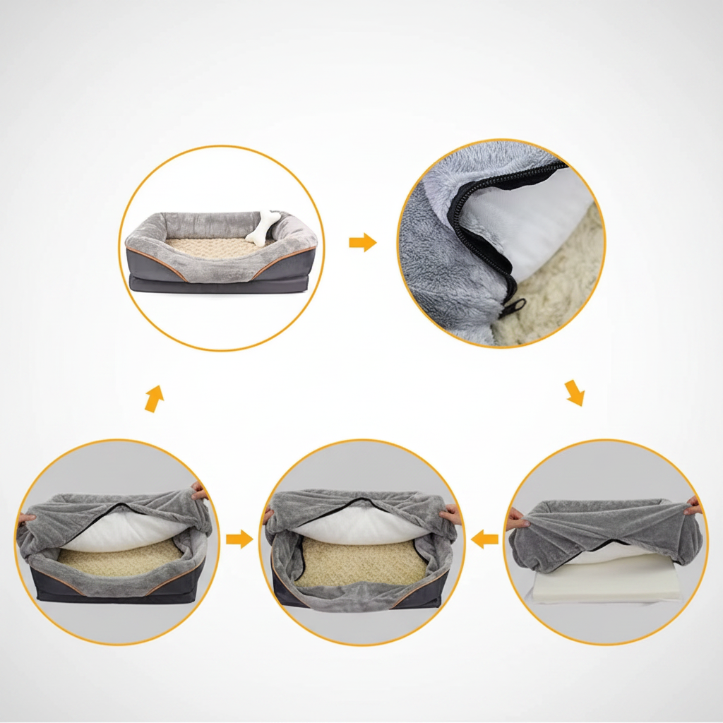 Pet bed with close-up details on a white background