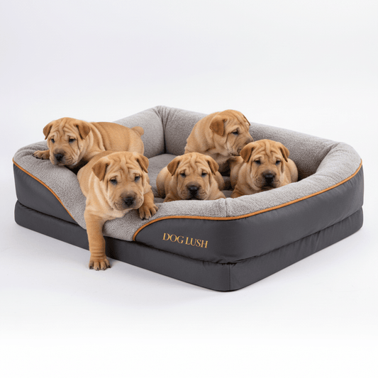 Dog lying on a gray and orange pet bed with 'Dog Lush' branding on a white background