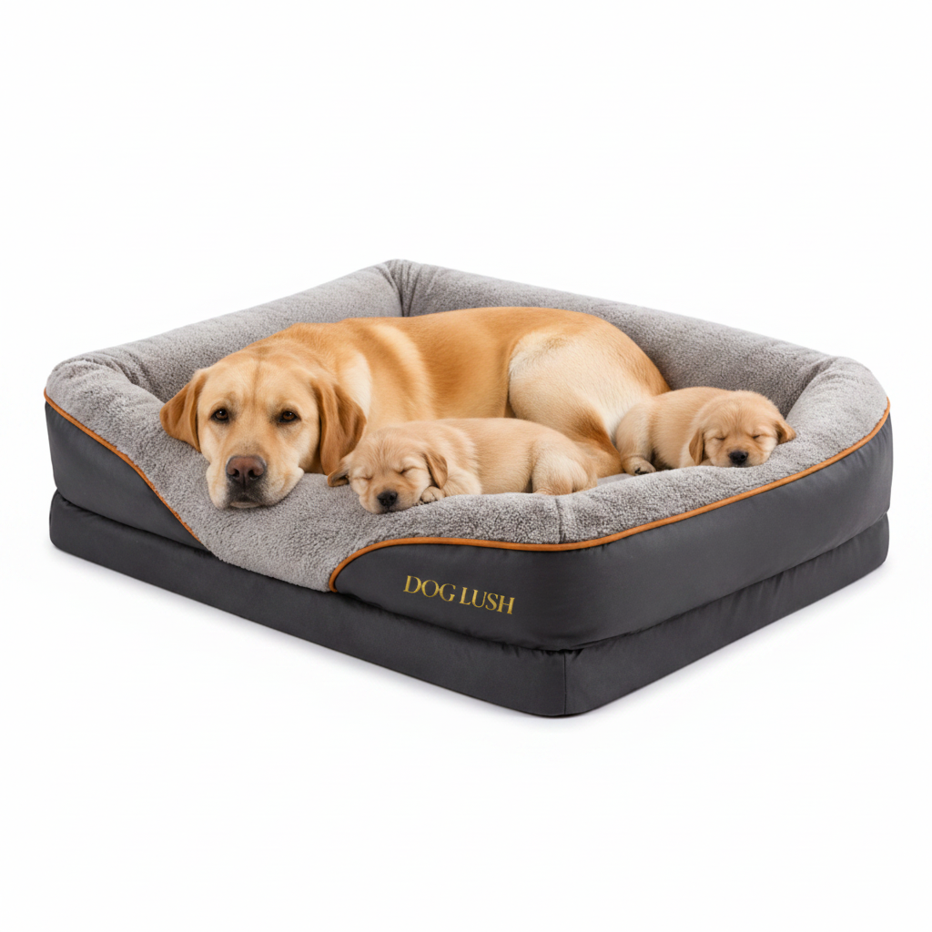 Dogs lying on a gray and black pet bed with 'Dog Lush' branding.