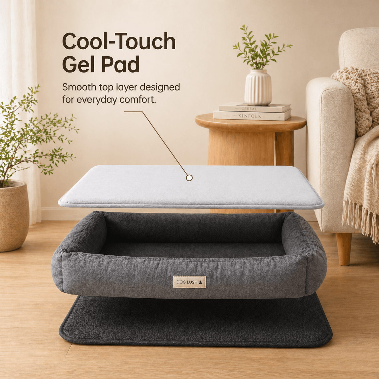 Gray pet bed with Cooling Gel Mat on a wooden floor in a living room setting.