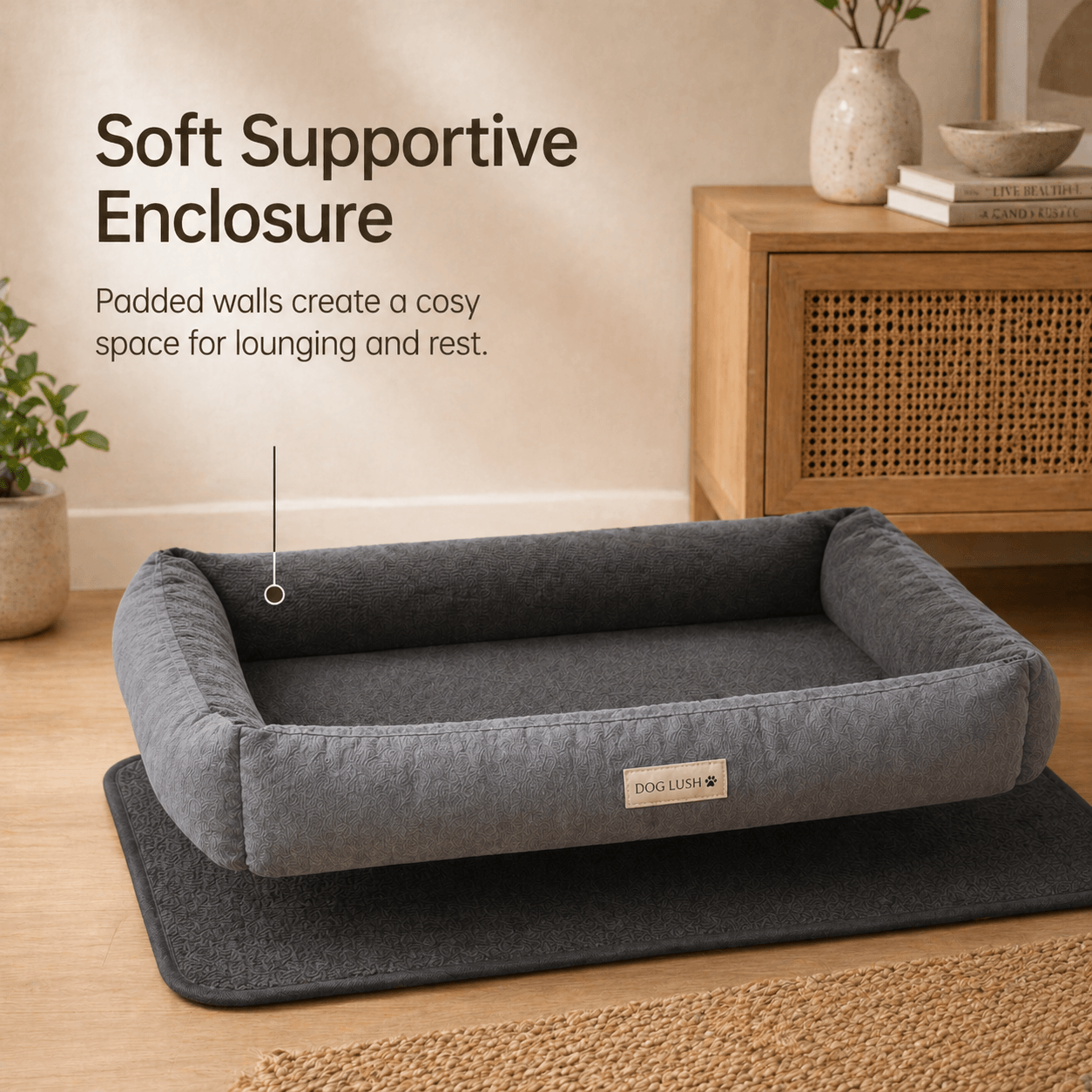 Gray pet bed with text highlighting its soft supportive enclosure feature, placed on a wooden floor.