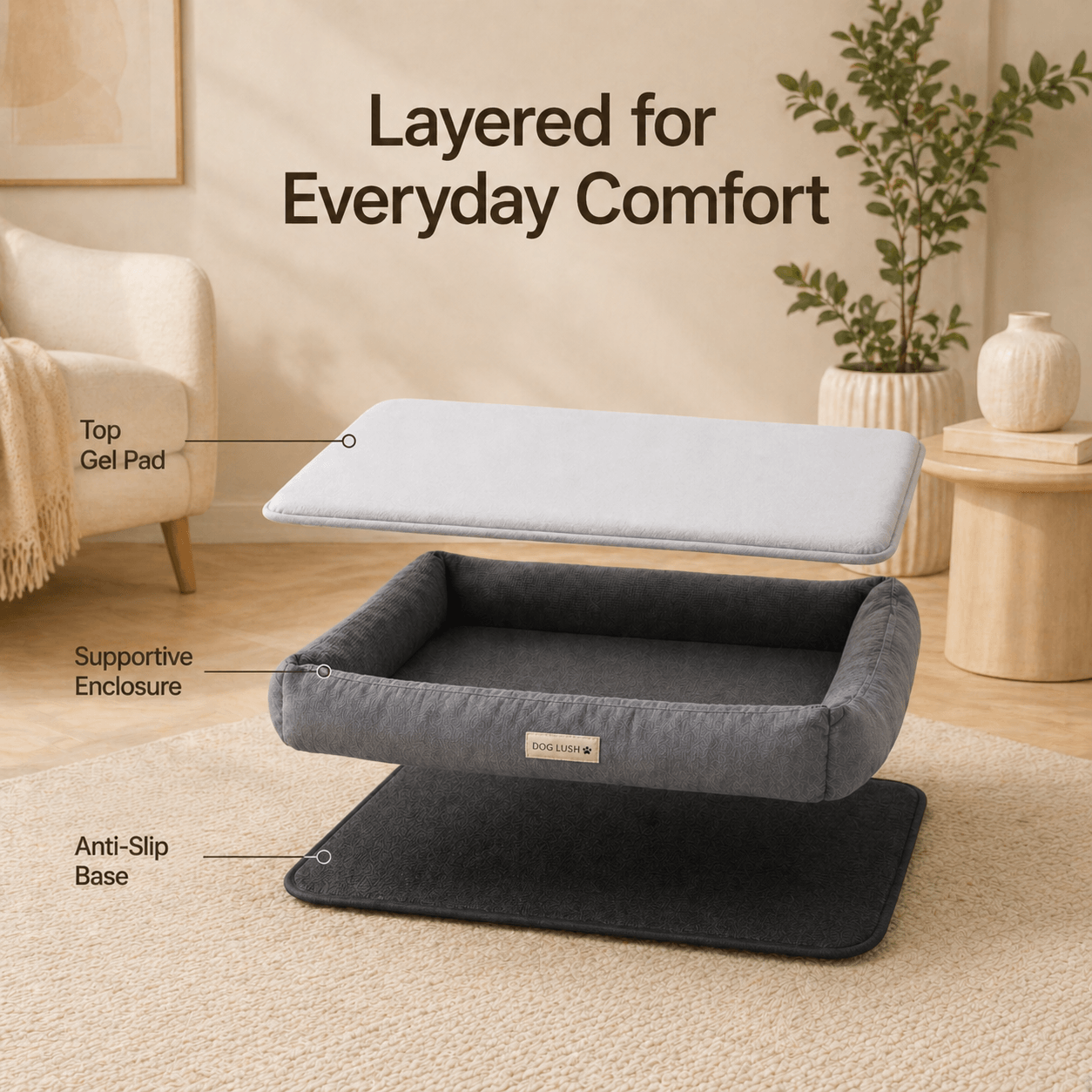 Pet bed with labeled components in a living room setting