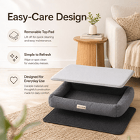 Pet bed with removable top pad in a living room setting, featuring text on easy-care design.