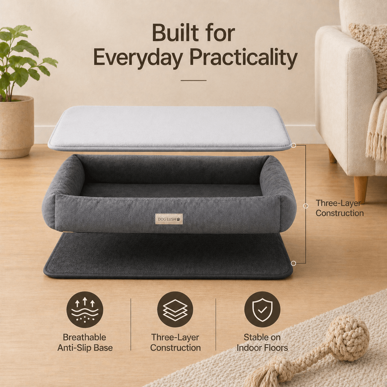 Gray pet and a Cooling Gel Mat for Dogs bed with features highlighted on a wooden floor.