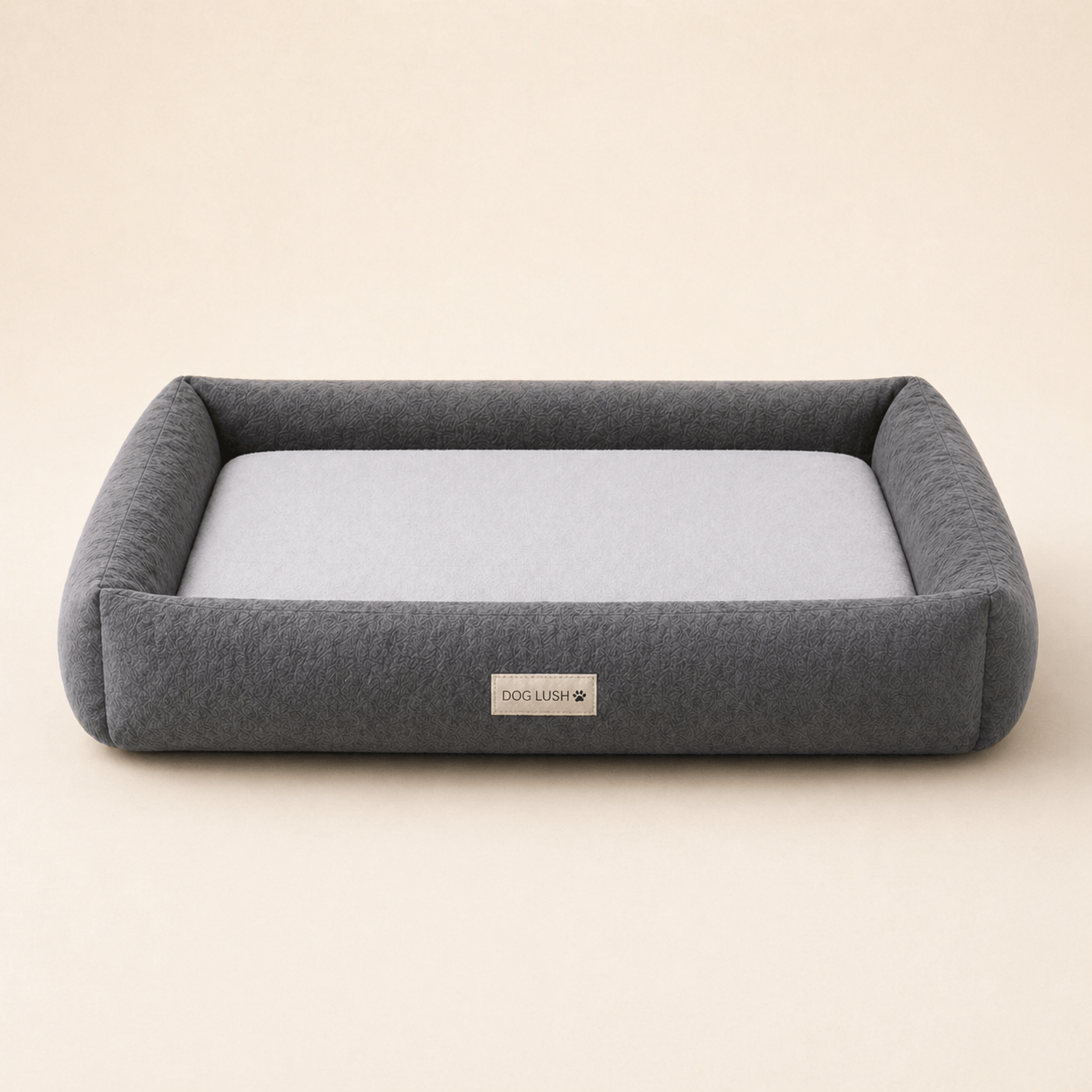 Gray pet bed with a soft Gray Cooling Gel Mat for Dogs on a beige background