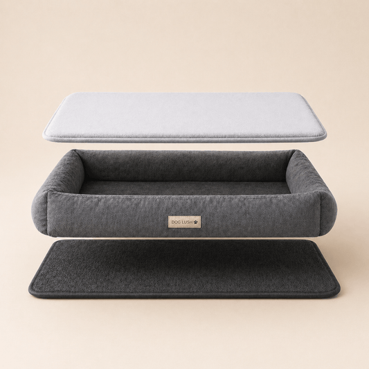 Dog Bed Cooling Mat with Memory Foam Dog Bed on a beige background